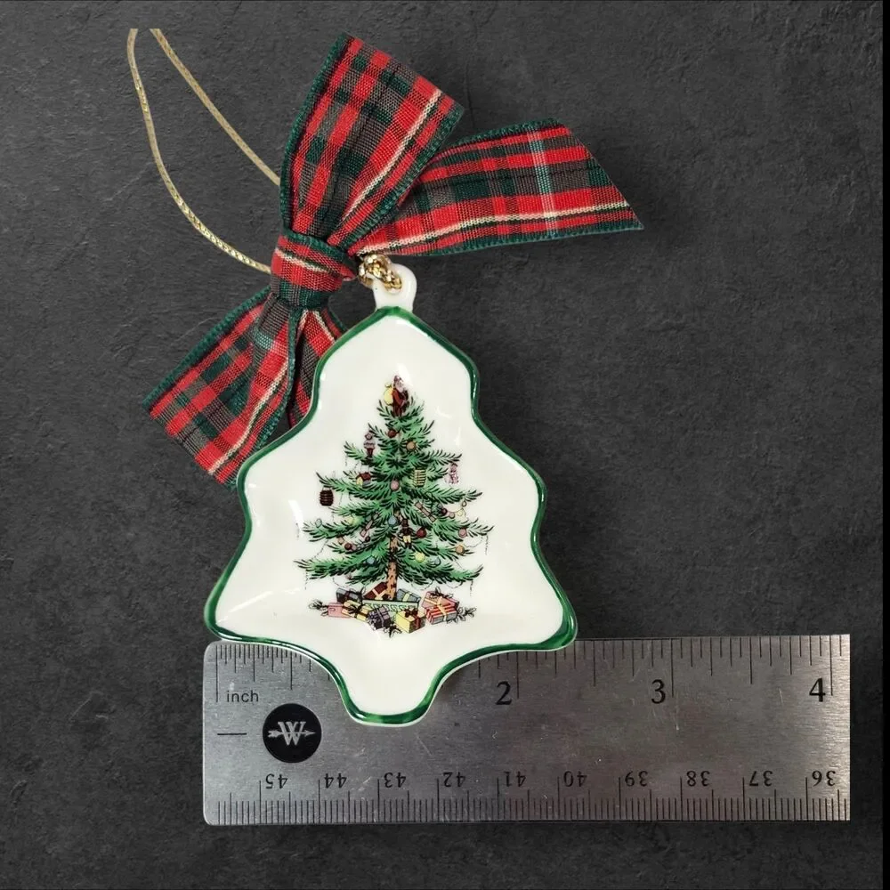 Spode Christmas Tree Ornament w/ Box Plaid Bow Porcelain Holiday Collectible